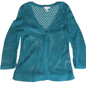 Christopher & Banks Teal Open Knit Cardigan Sweater Medium Lightweight
